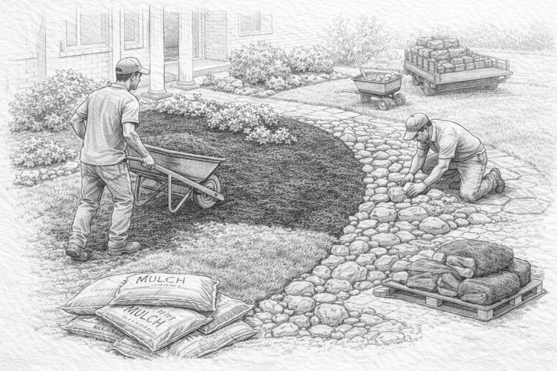 Mulch and stone installation in progress